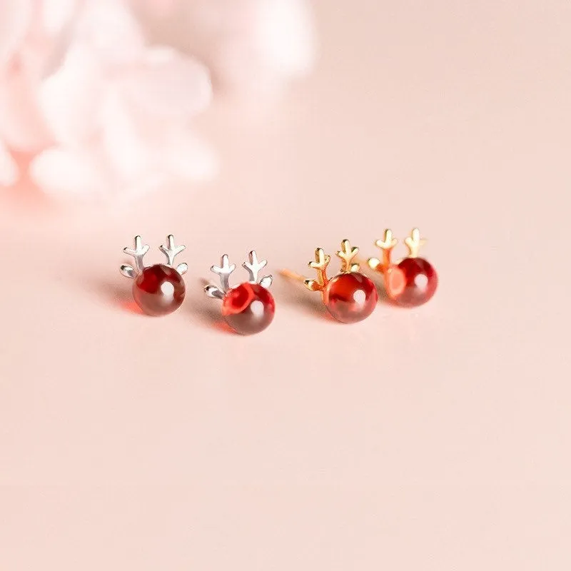 Small Ruby Red Nose Reindeer Studs Earrings- Reindeer Stud-EOS006