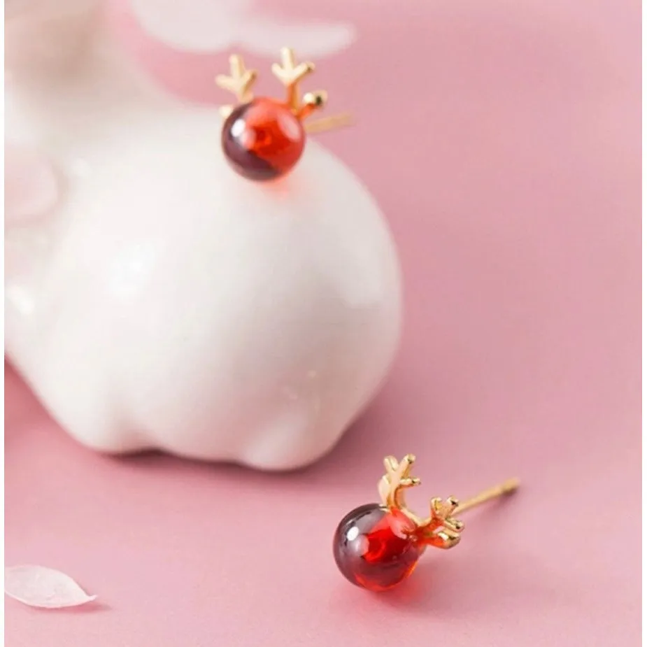 Small Ruby Red Nose Reindeer Studs Earrings- Reindeer Stud-EOS006