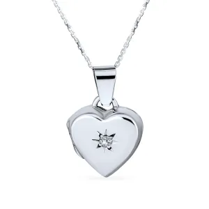 Small Vintage CZ Floral Heart Photo Locket Necklace Pendant Sterling Silver