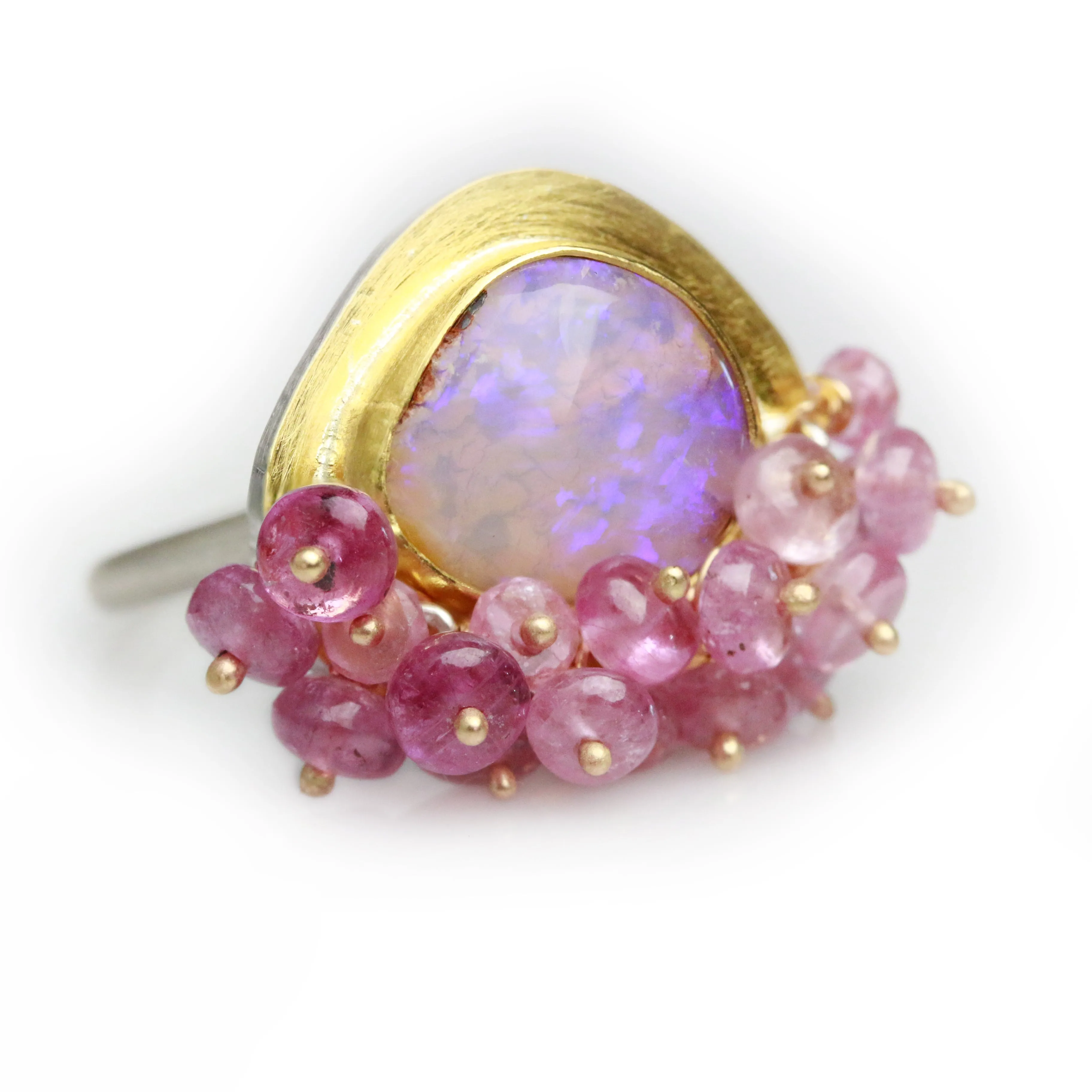 Sold Dusty Rose and UV Flash Boulder Opal with Pink Sapphire Fringe. Size 6 1/2.