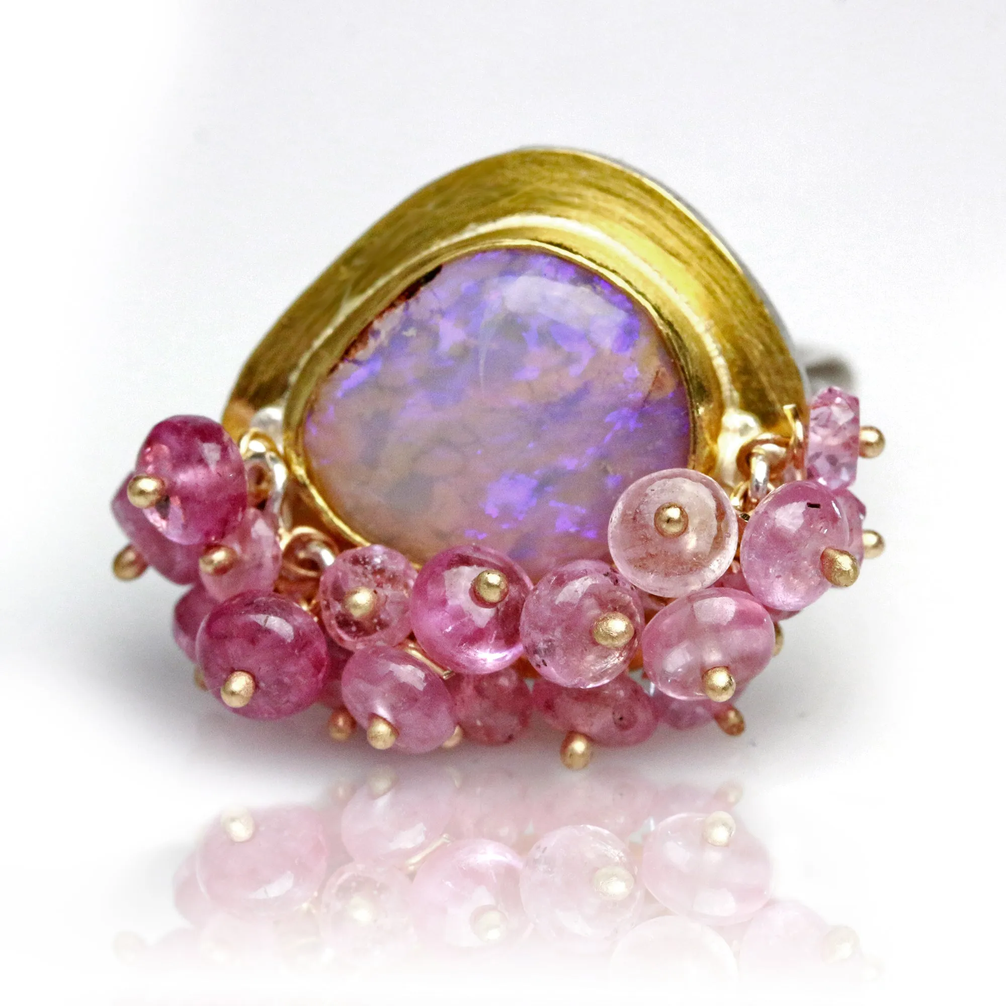 Sold Dusty Rose and UV Flash Boulder Opal with Pink Sapphire Fringe. Size 6 1/2.