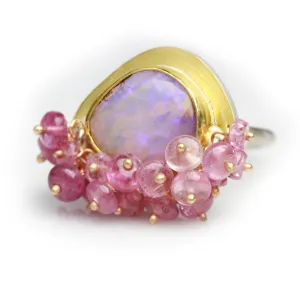 Sold Dusty Rose and UV Flash Boulder Opal with Pink Sapphire Fringe. Size 6 1/2.