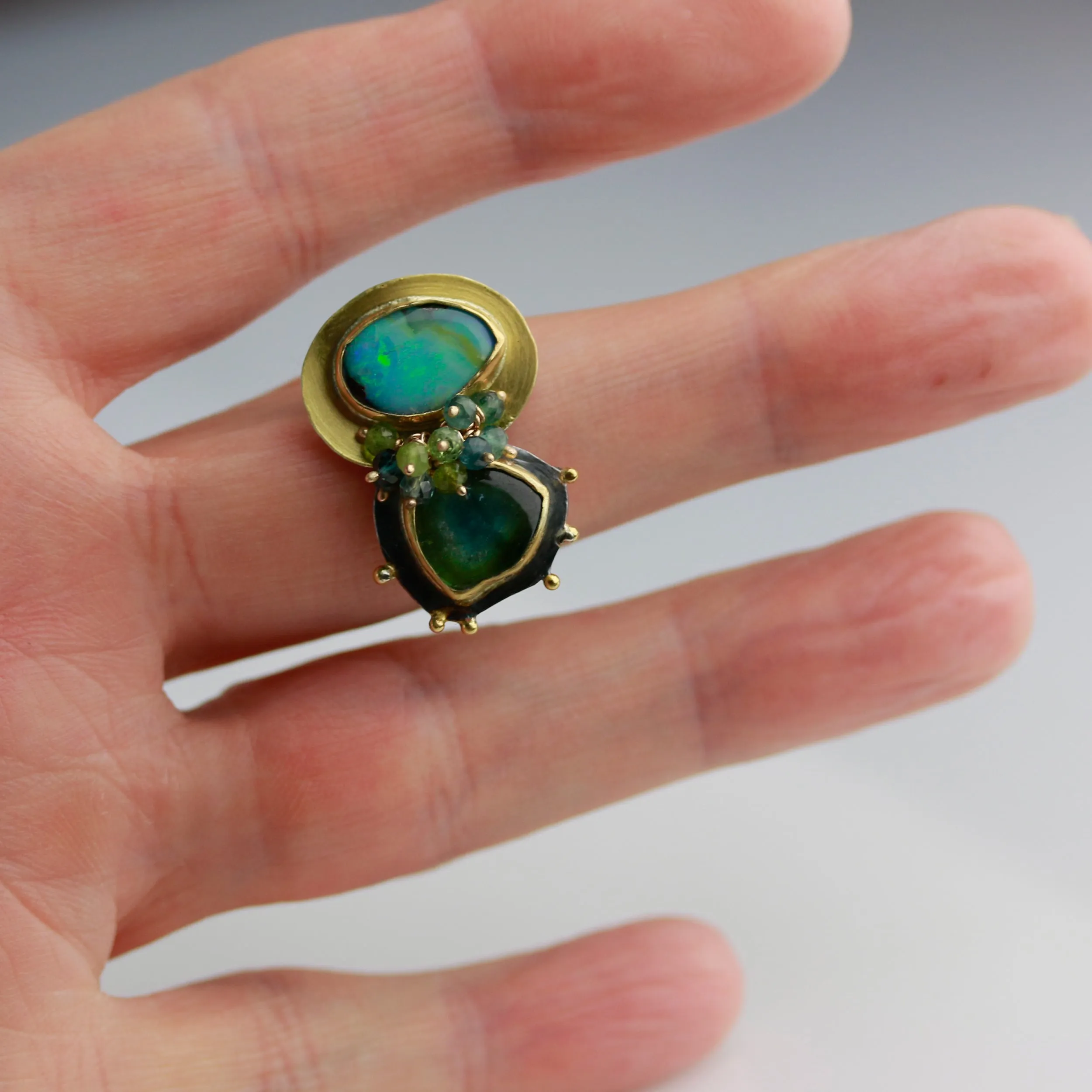 Sold! Green Blue Boulder Opal  Watermelon Tourmaline Perfect Pair Ring. Size 8 1/2.