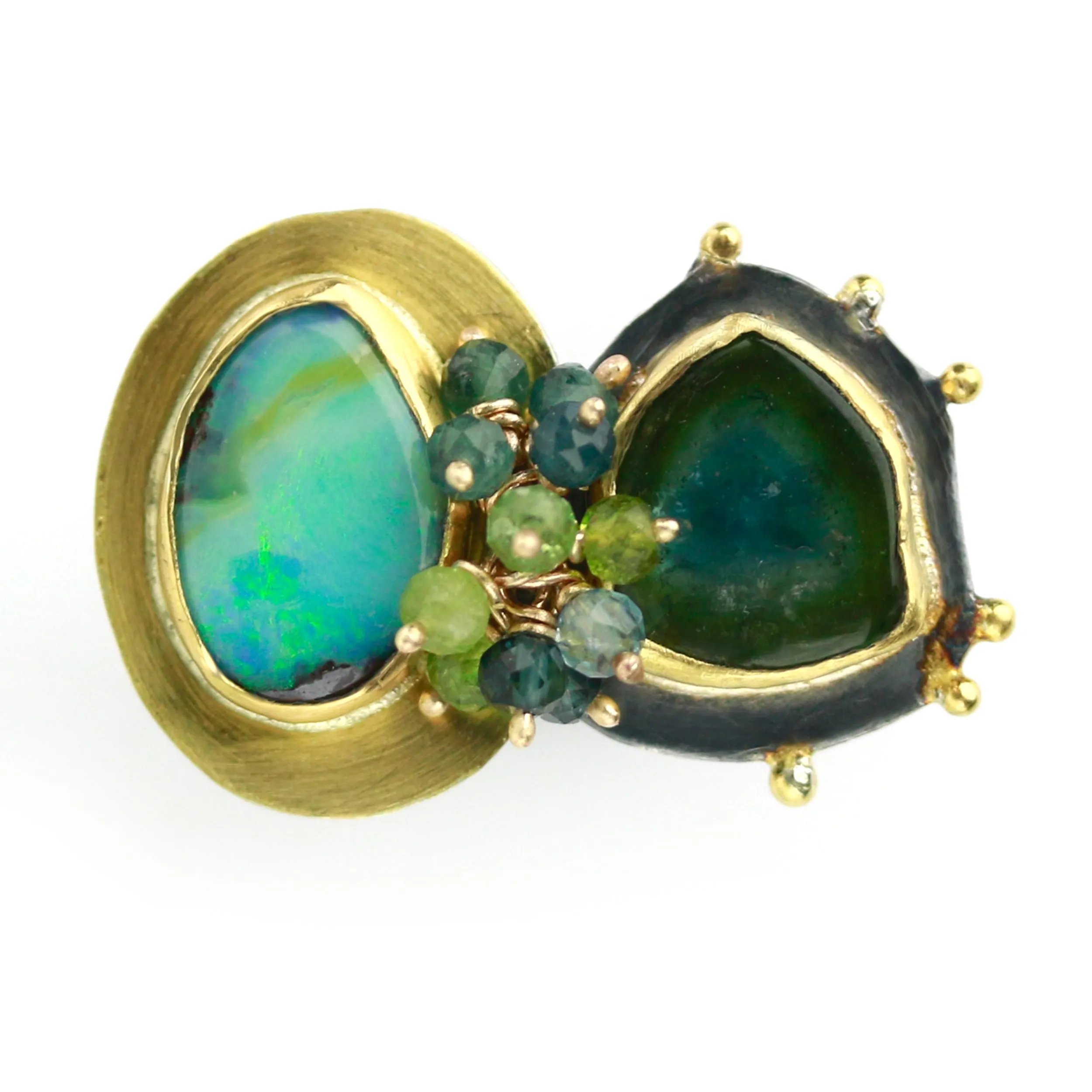 Sold! Green Blue Boulder Opal  Watermelon Tourmaline Perfect Pair Ring. Size 8 1/2.