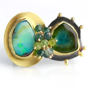 Sold! Green Blue Boulder Opal  Watermelon Tourmaline Perfect Pair Ring. Size 8 1/2.