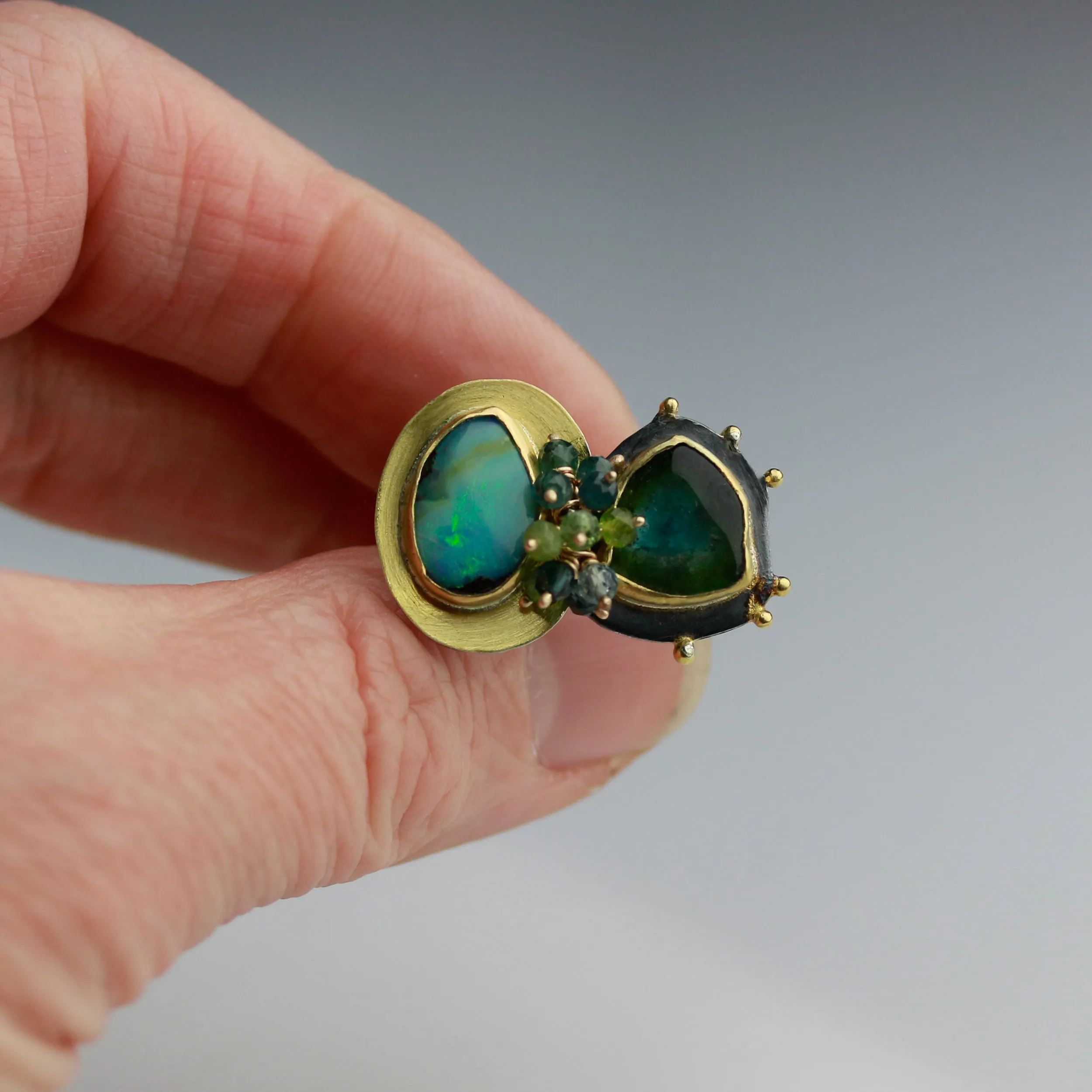 Sold! Green Blue Boulder Opal  Watermelon Tourmaline Perfect Pair Ring. Size 8 1/2.