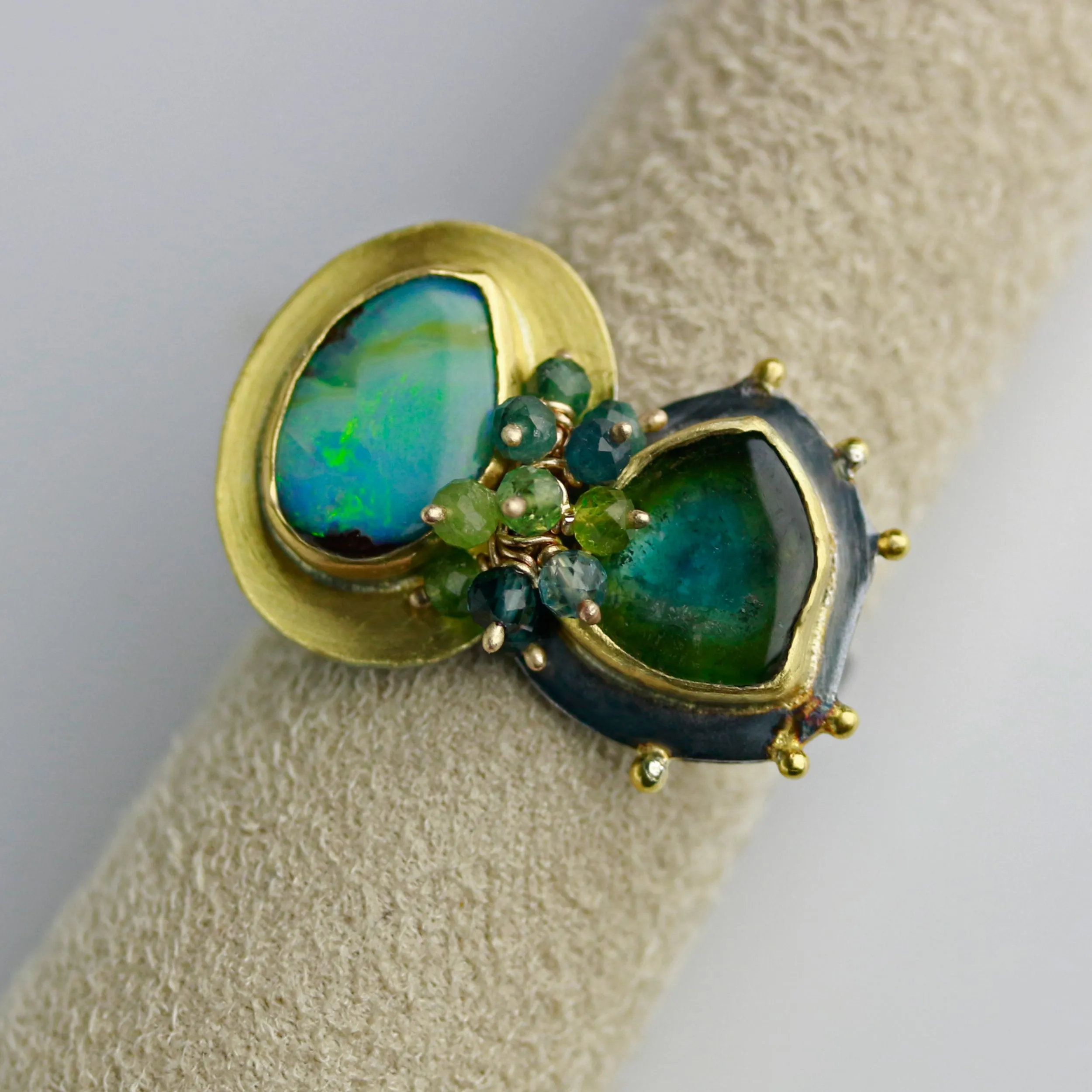 Sold! Green Blue Boulder Opal  Watermelon Tourmaline Perfect Pair Ring. Size 8 1/2.