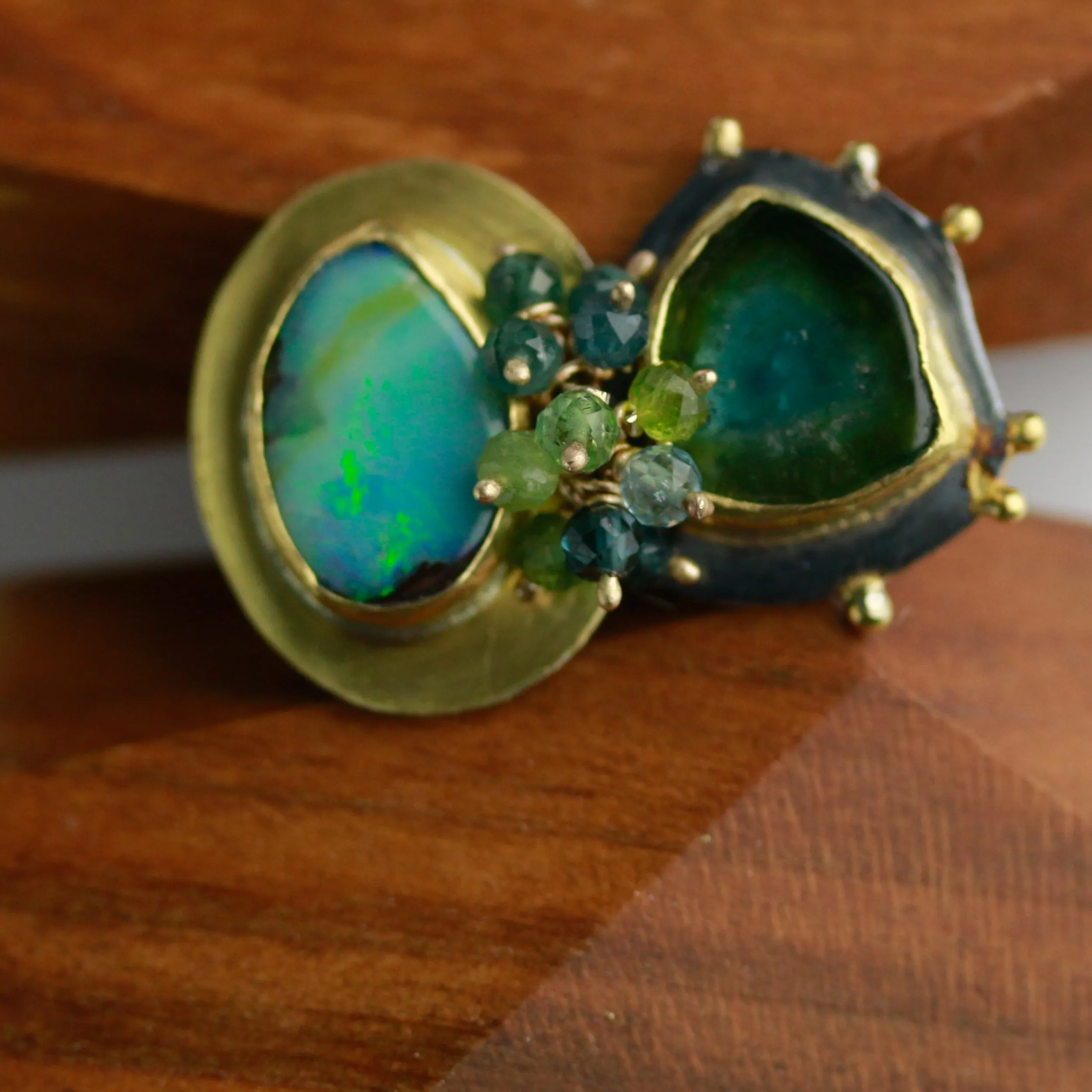 Sold! Green Blue Boulder Opal  Watermelon Tourmaline Perfect Pair Ring. Size 8 1/2.
