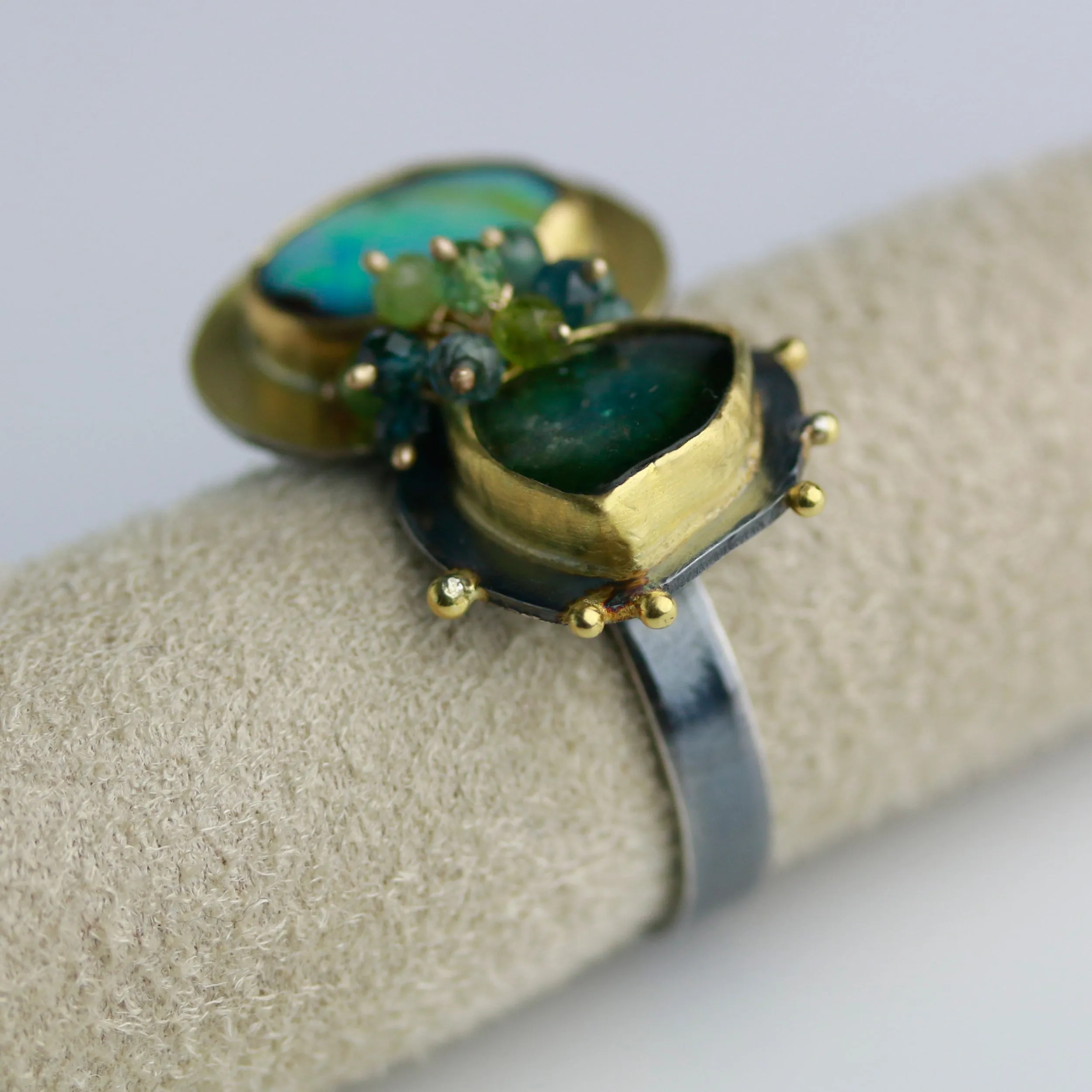 Sold! Green Blue Boulder Opal  Watermelon Tourmaline Perfect Pair Ring. Size 8 1/2.