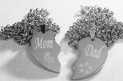 SOLID STAINLESS STEEL MOM DAD SPLIT HEART NECKLACES LOVE FREE ENGRAVING