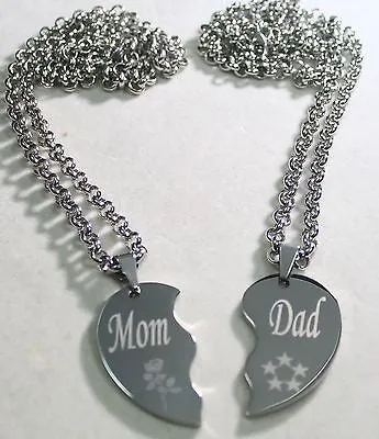 SOLID STAINLESS STEEL MOM DAD SPLIT HEART NECKLACES LOVE FREE ENGRAVING