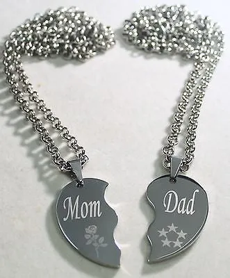 SOLID STAINLESS STEEL MOM DAD SPLIT HEART NECKLACES LOVE FREE ENGRAVING