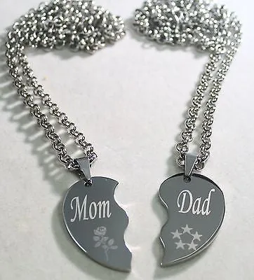 SOLID STAINLESS STEEL MOM DAD SPLIT HEART NECKLACES LOVE FREE ENGRAVING