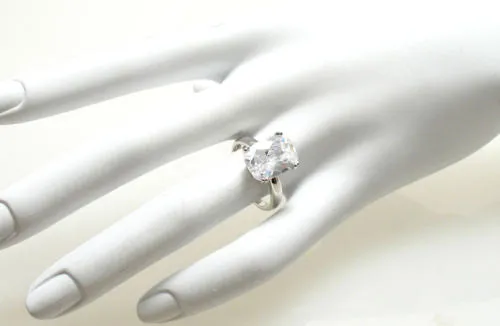 Spectacular Ring with Clear Rectangular 10x14mm CZ Solitaire in Sterling Silver.