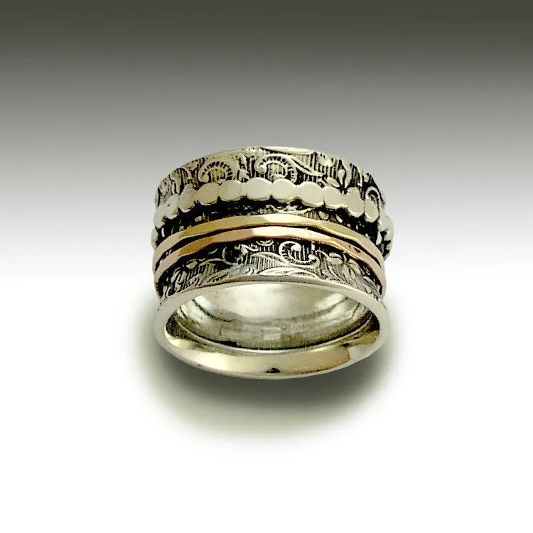 Spinner band, Sterling silver ring, woodland band, Boho ring, silver and gold ring, rose and yellow gold ring, spinner ring - Shine R1209H