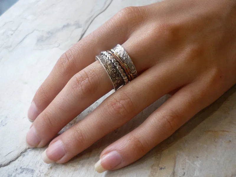 Spinner band, Sterling silver ring, woodland band, Boho ring, silver and gold ring, rose and yellow gold ring, spinner ring - Shine R1209H