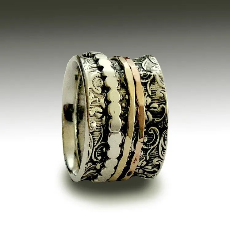 Spinner band, Sterling silver ring, woodland band, Boho ring, silver and gold ring, rose and yellow gold ring, spinner ring - Shine R1209H