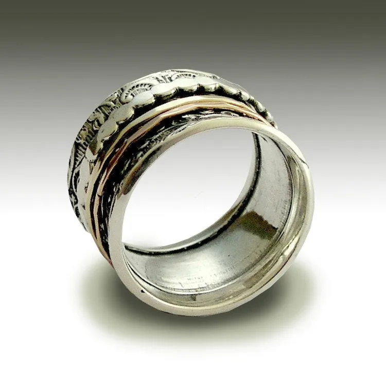 Spinner band, Sterling silver ring, woodland band, Boho ring, silver and gold ring, rose and yellow gold ring, spinner ring - Shine R1209H
