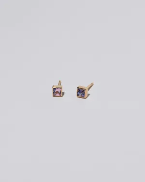 Square Frame Stud Earrings - Petite Pink Purple Sapphire