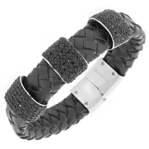 Stainless Steel Black Leather Silver-Tone Black CZ Men's Bracelet
