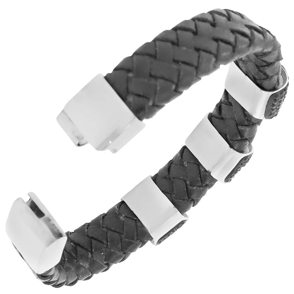 Stainless Steel Black Leather Silver-Tone Black CZ Men's Bracelet