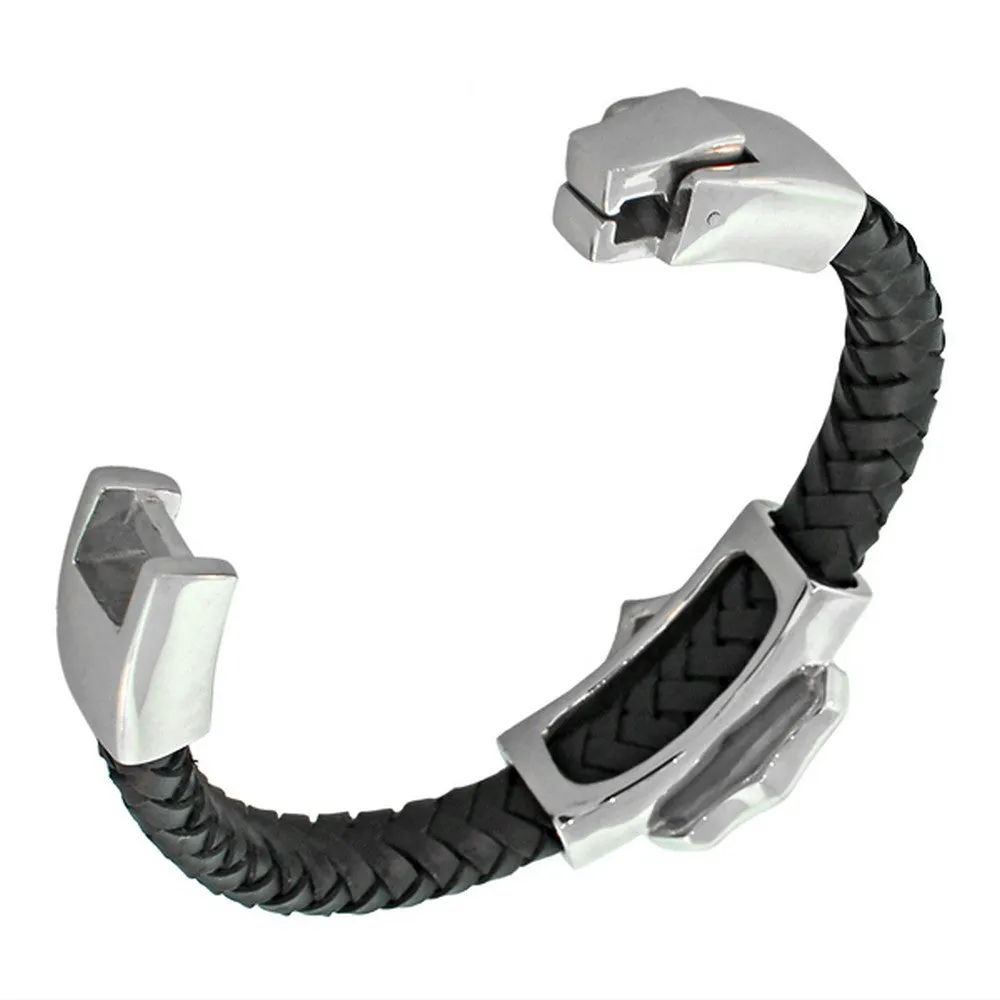 Stainless Steel Black Leather Silver-Tone Skull Men's Bracelet