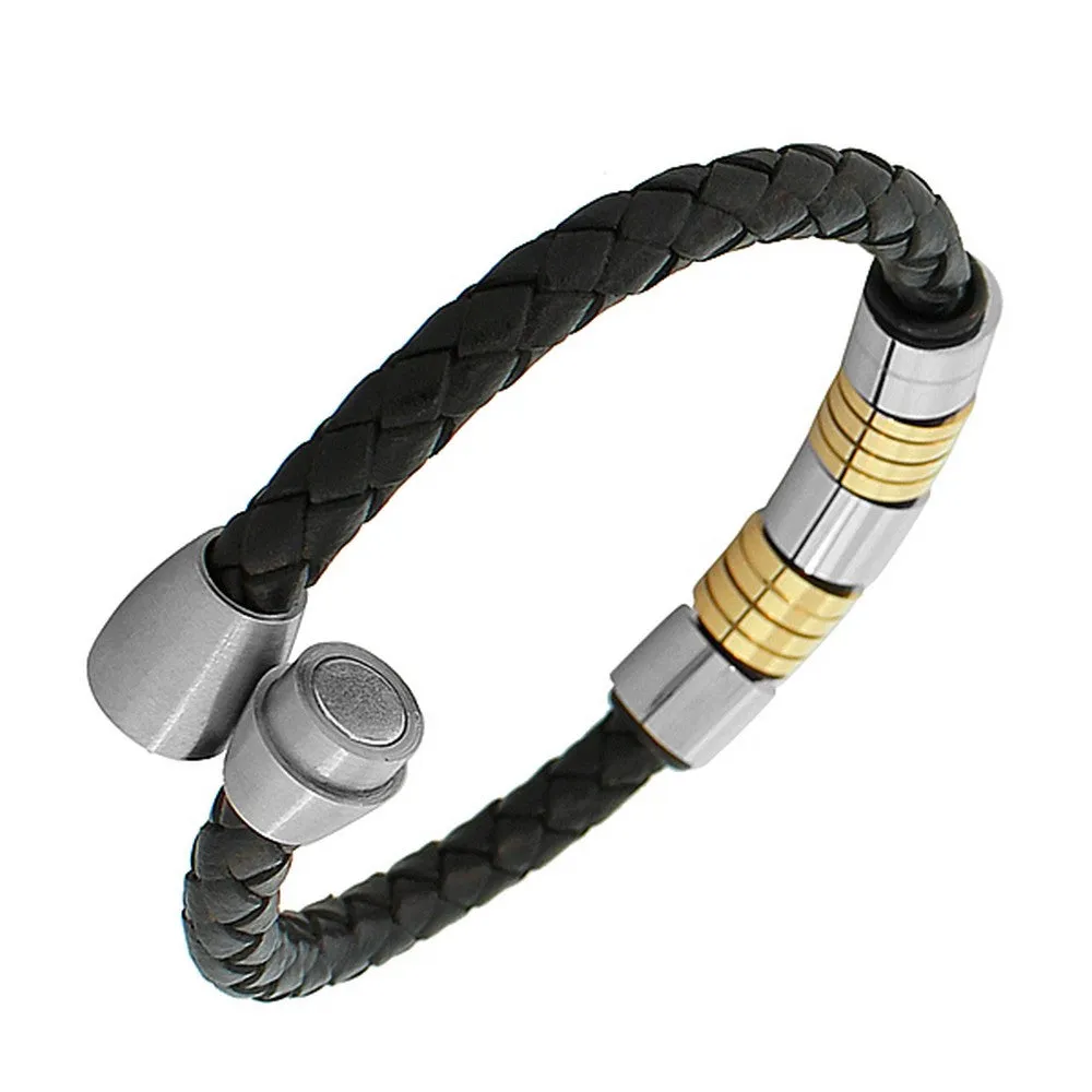 Stainless Steel Black Leather Two-Tone Men's Bracelet