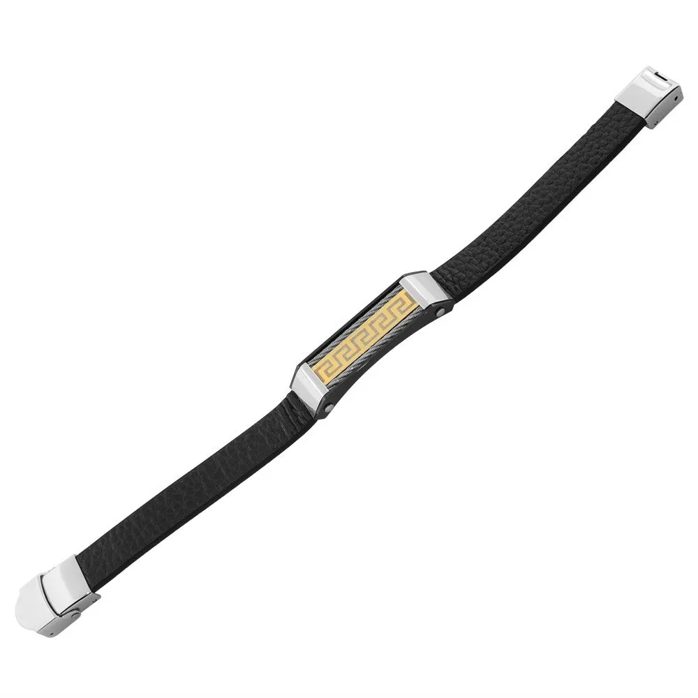 Stainless Steel Black Leather Two-Tone Twisted Cable Rope Greek Key Men's Bracelet