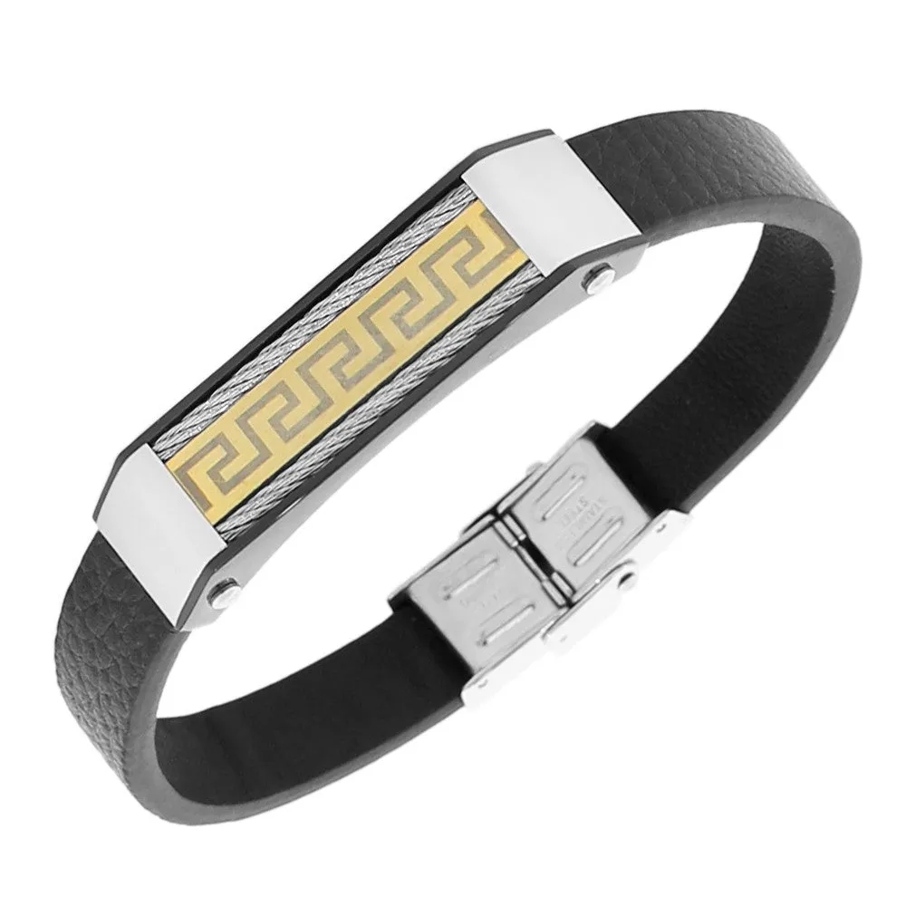Stainless Steel Black Leather Two-Tone Twisted Cable Rope Greek Key Men's Bracelet