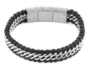 Stainless Steel Chain Black Leather Bracelet