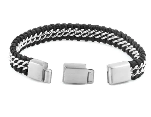 Stainless Steel Chain Black Leather Bracelet