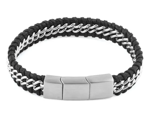 Stainless Steel Chain Black Leather Bracelet