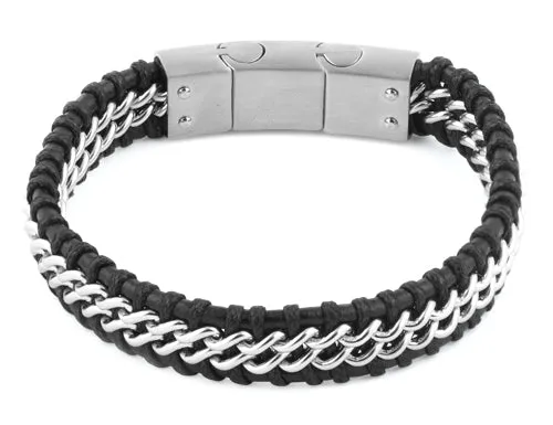 Stainless Steel Chain Black Leather Bracelet