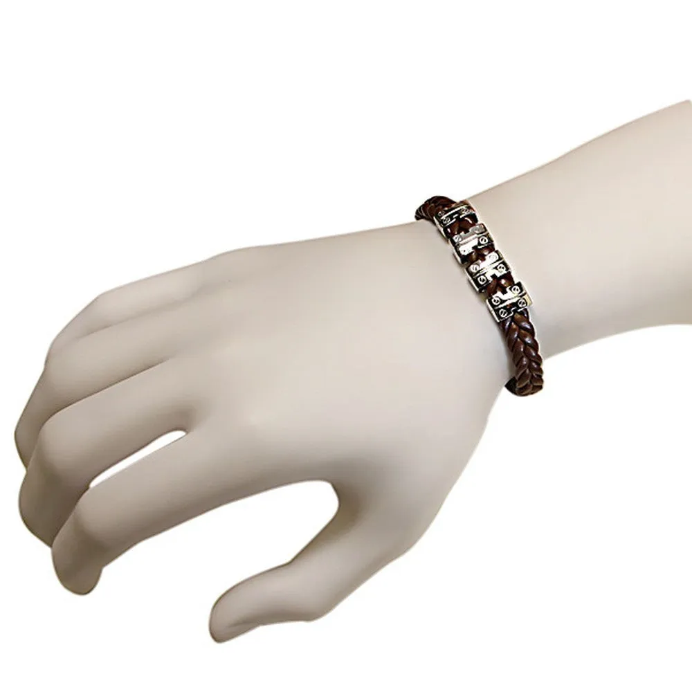 Stainless Steel Light Brown Faux PU Leather Braided Silver-Tone Men's Bracelet