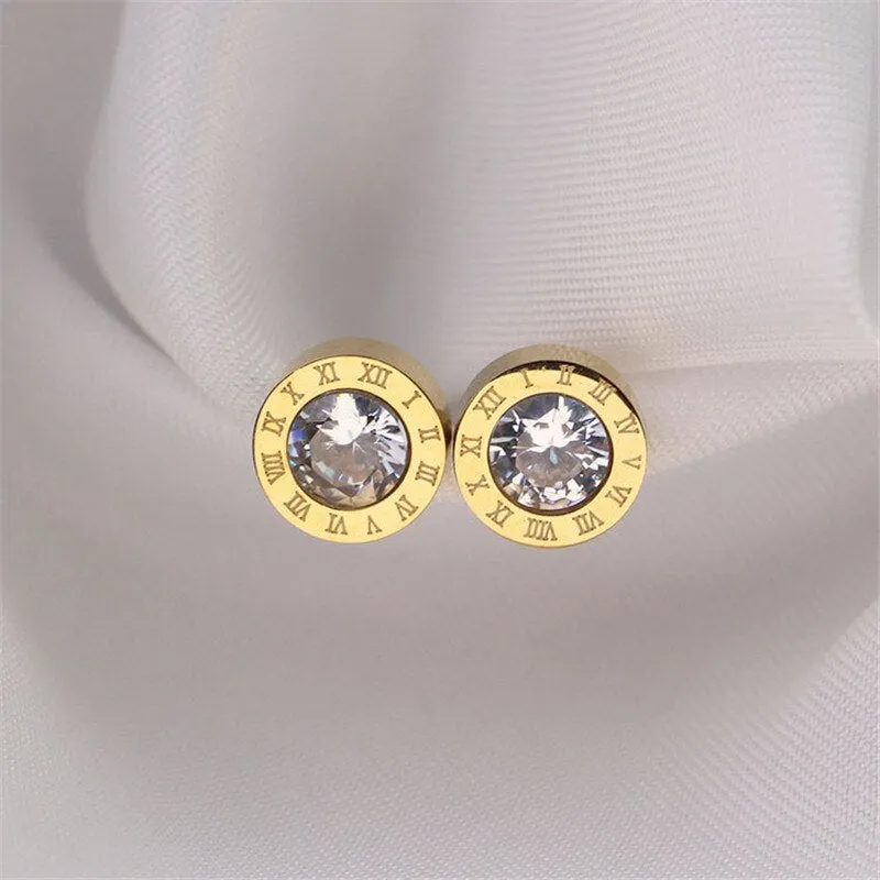 Stainless Steel Roman Numerals Stud Earrings with Cubic Zirconia Accents in Gold, Rose Gold, and Silver