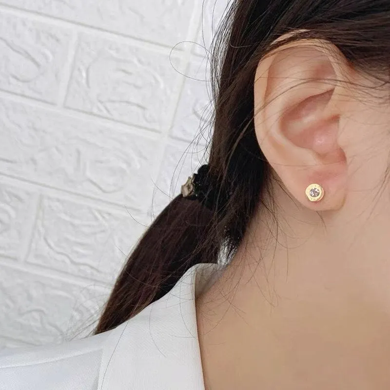 Stainless Steel Roman Numerals Stud Earrings with Cubic Zirconia Accents in Gold, Rose Gold, and Silver