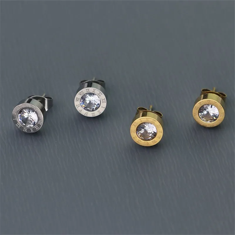 Stainless Steel Roman Numerals Stud Earrings with Cubic Zirconia Accents in Gold, Rose Gold, and Silver
