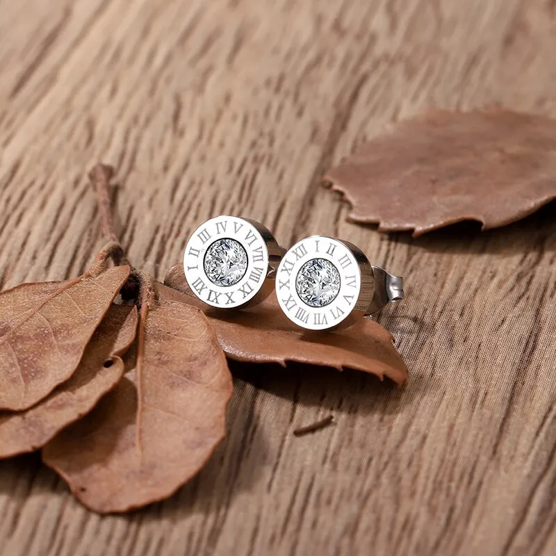 Stainless Steel Roman Numerals Stud Earrings with Cubic Zirconia Accents in Gold, Rose Gold, and Silver