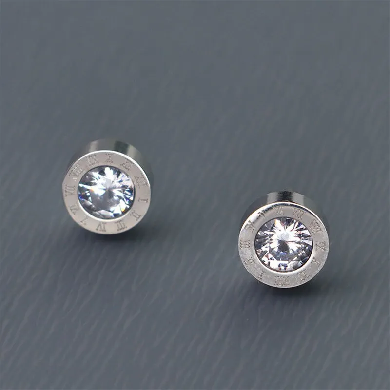 Stainless Steel Roman Numerals Stud Earrings with Cubic Zirconia Accents in Gold, Rose Gold, and Silver