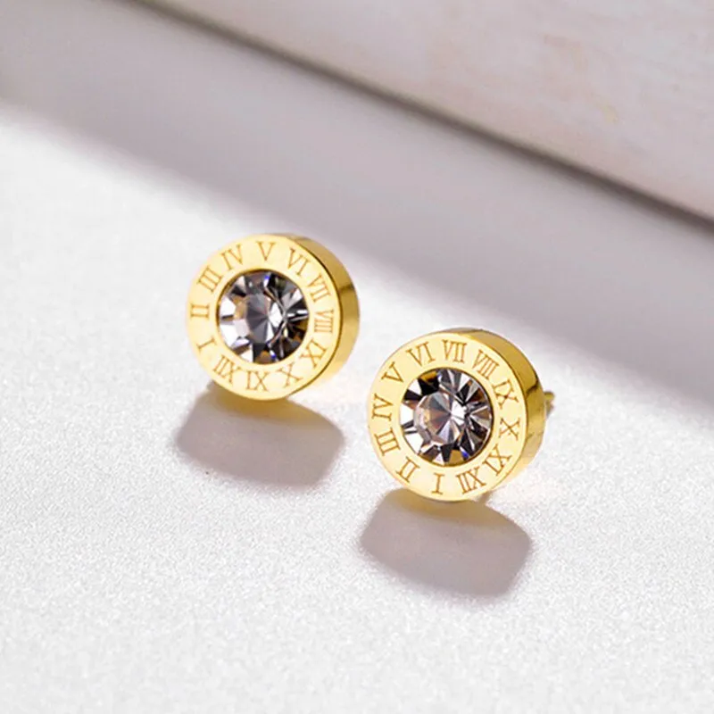 Stainless Steel Roman Numerals Stud Earrings with Cubic Zirconia Accents in Gold, Rose Gold, and Silver