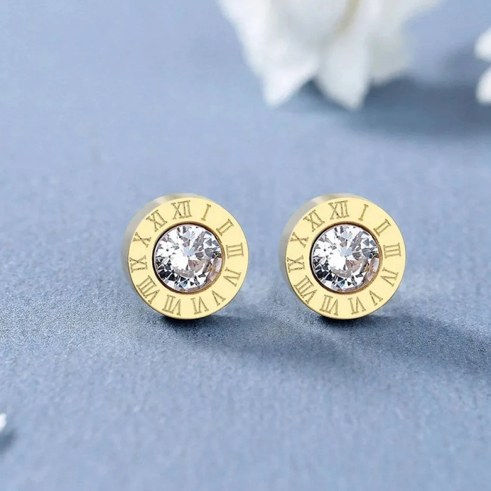 Stainless Steel Roman Numerals Stud Earrings with Cubic Zirconia Accents in Gold, Rose Gold, and Silver