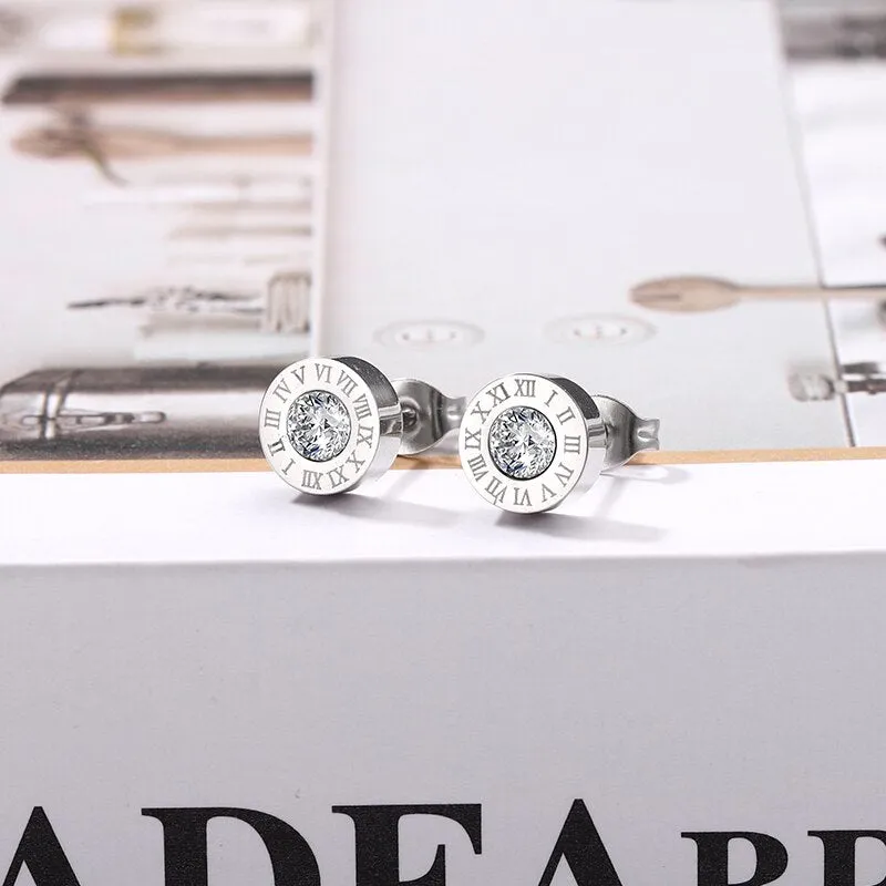 Stainless Steel Roman Numerals Stud Earrings with Cubic Zirconia Accents in Gold, Rose Gold, and Silver