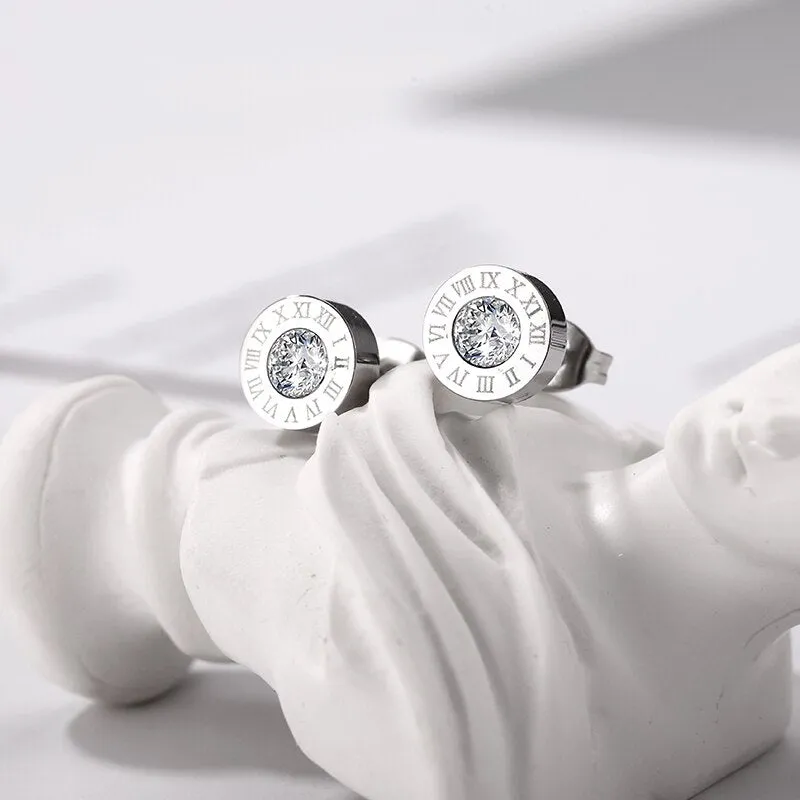 Stainless Steel Roman Numerals Stud Earrings with Cubic Zirconia Accents in Gold, Rose Gold, and Silver