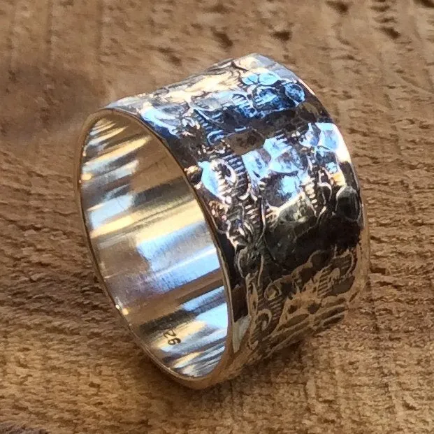 Sterling silver band, hammered band, silver wide ring, Men's and Women's band, simple band, unisex band, textured ring - Interstellar R2311