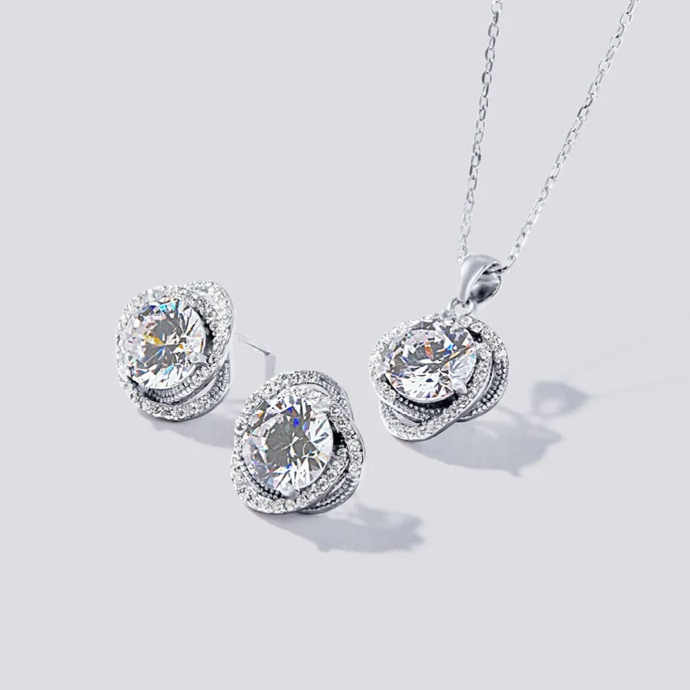 Sterling Silver Cubic Zirconia Swirl Halo Stud Earrings and Necklace Set