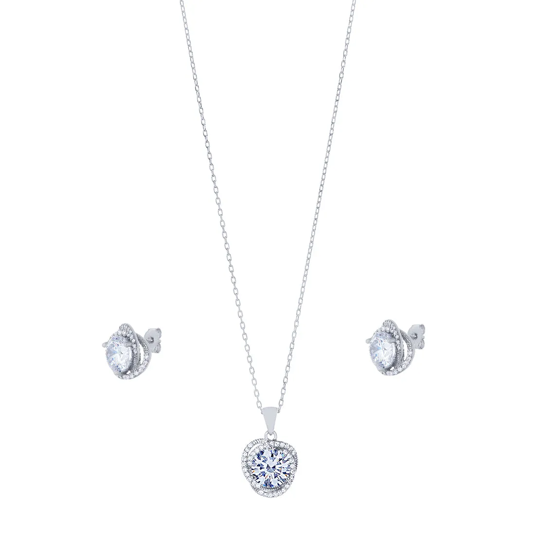 Sterling Silver Cubic Zirconia Swirl Halo Stud Earrings and Necklace Set