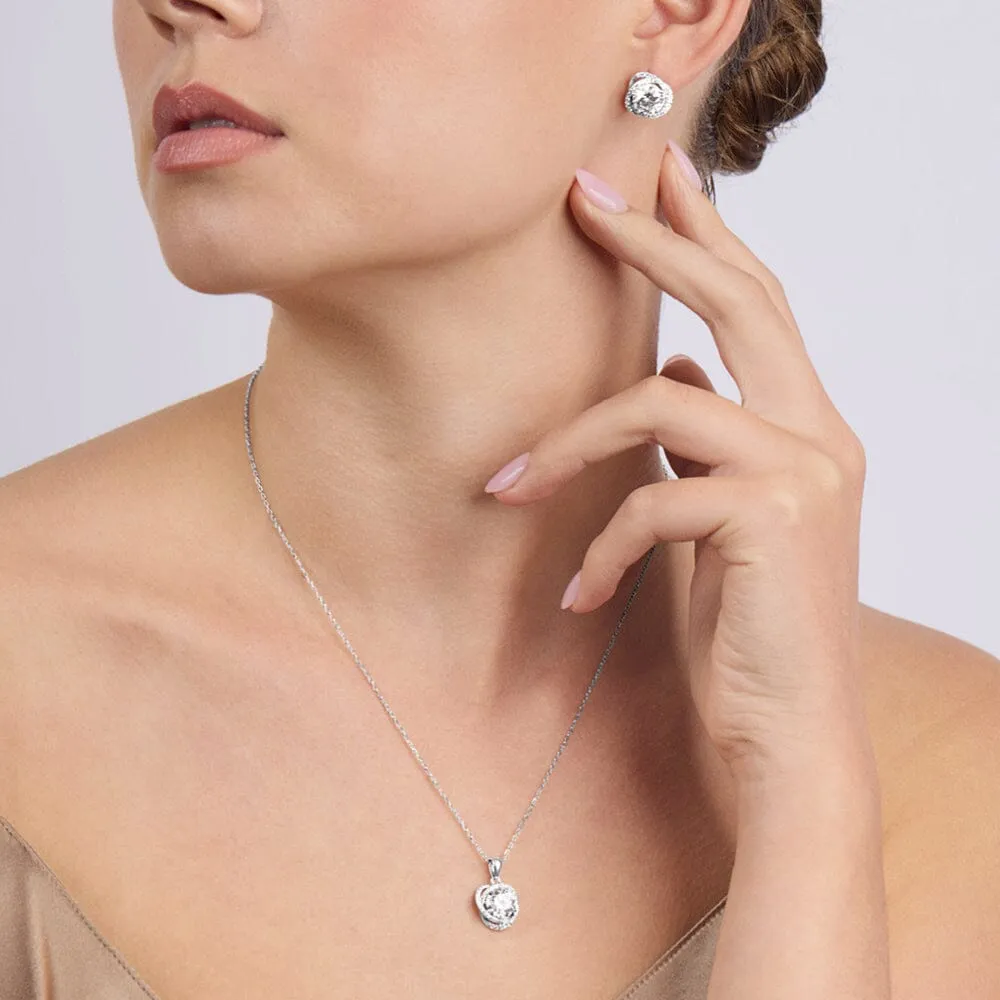 Sterling Silver Cubic Zirconia Swirl Halo Stud Earrings and Necklace Set