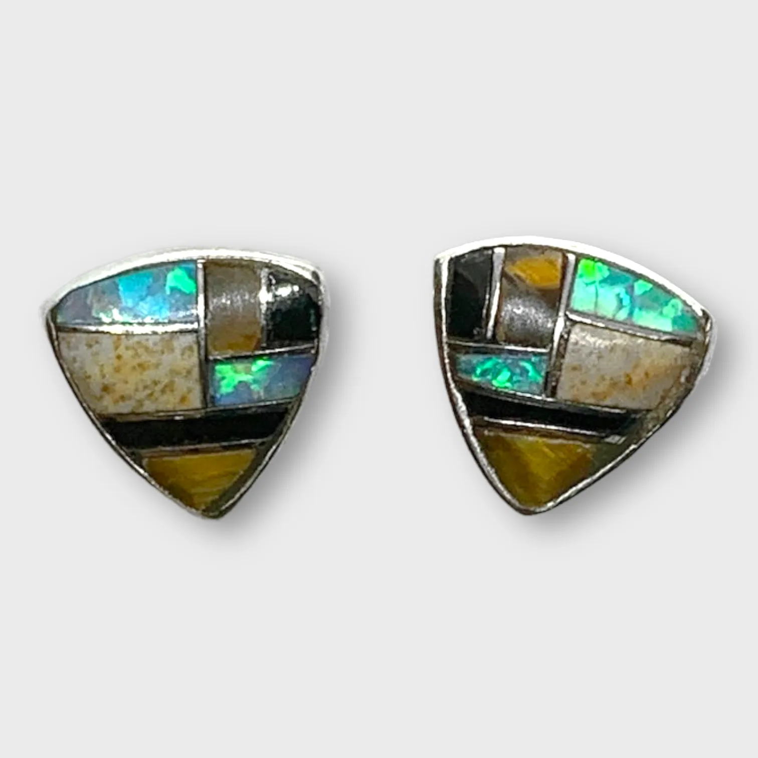 Sterling Silver Handmade Inlay Stones Shield Shape Small Stud Earrings