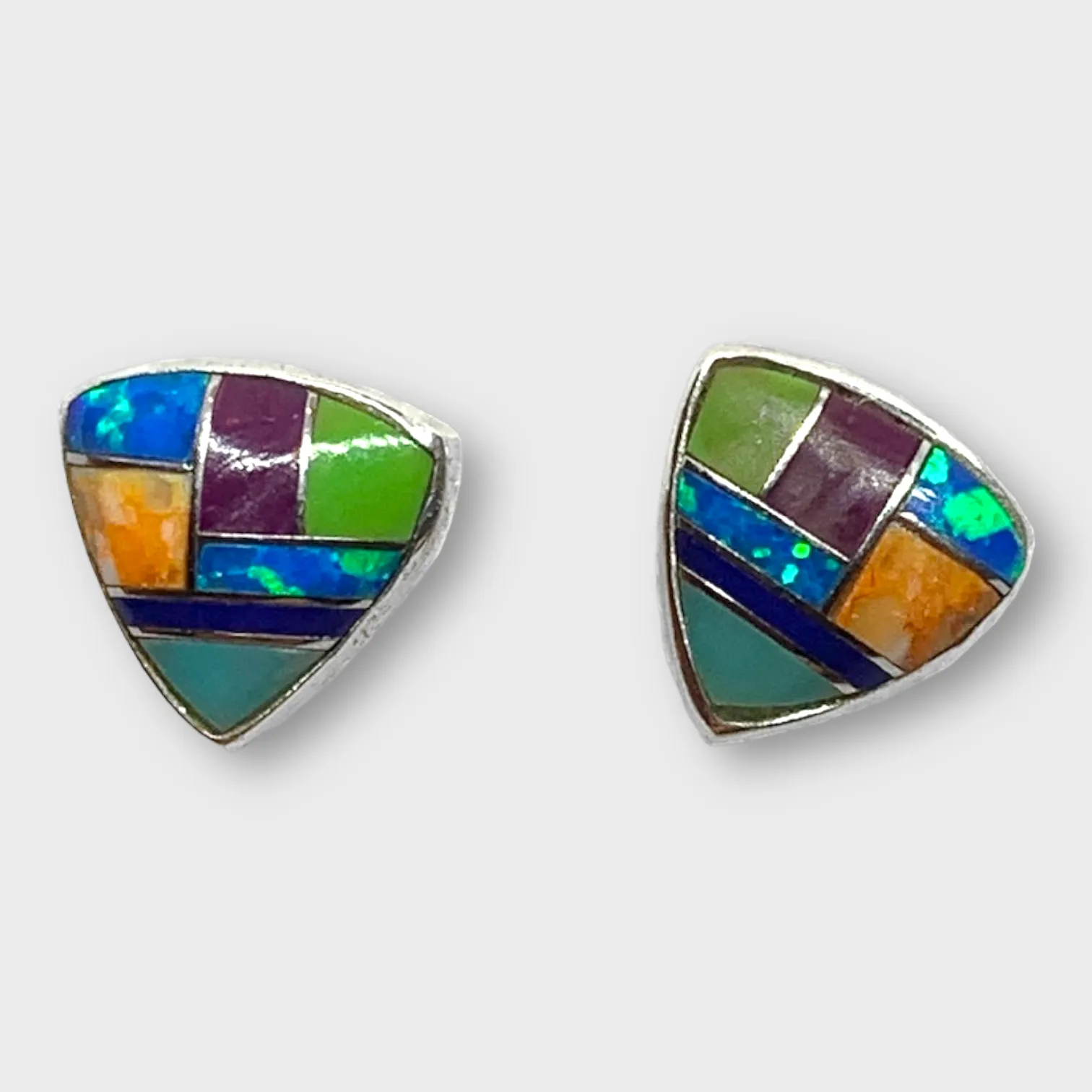 Sterling Silver Handmade Inlay Stones Shield Shape Small Stud Earrings