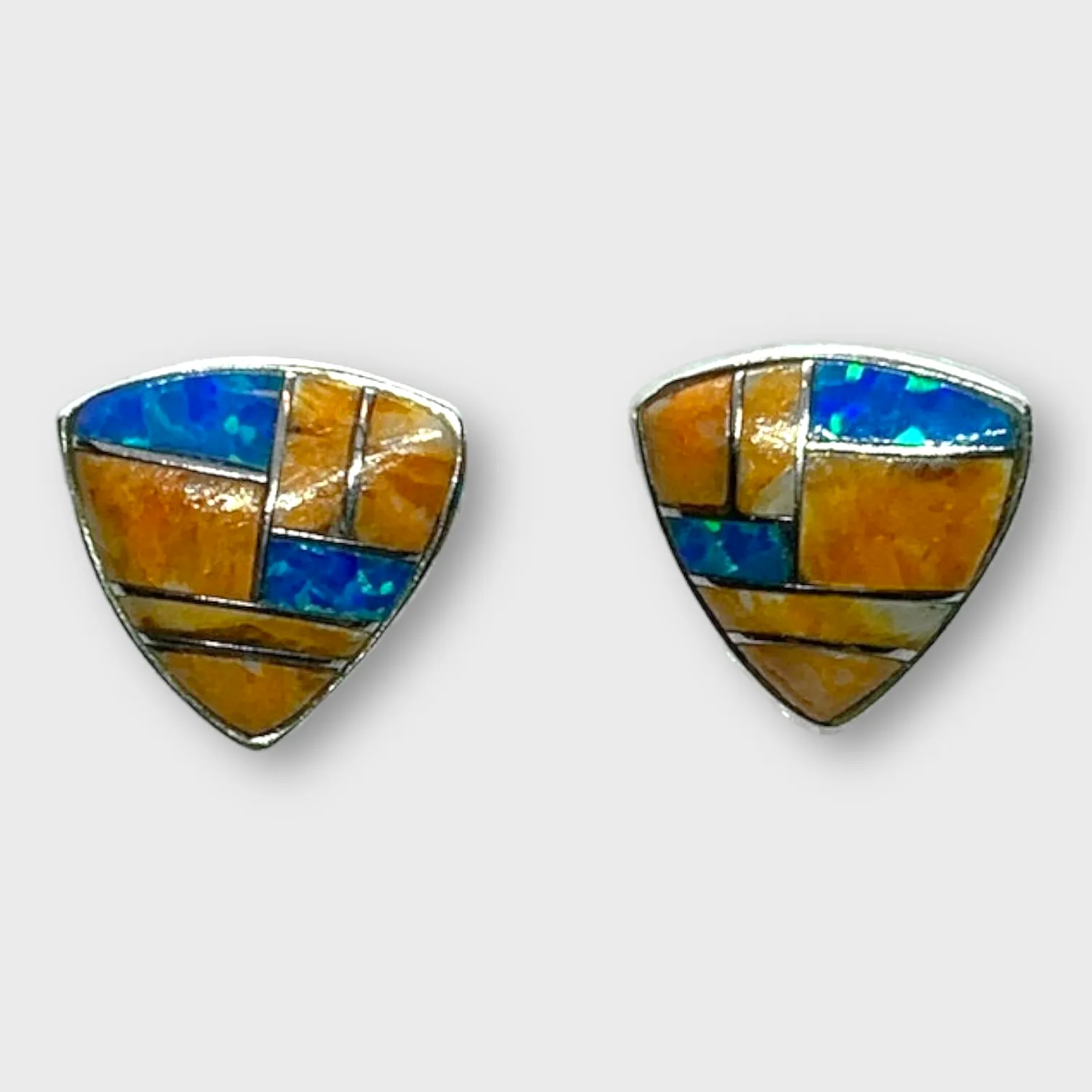 Sterling Silver Handmade Inlay Stones Shield Shape Small Stud Earrings
